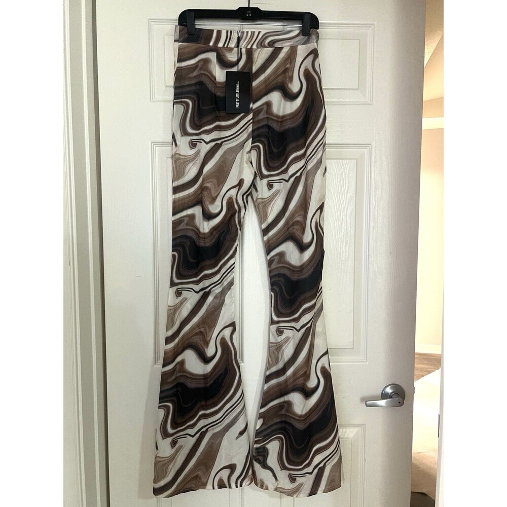 PRETTY LITTLE THING Brown Marble Print High Waisted Flare Pants NWT Sz 6 Retro